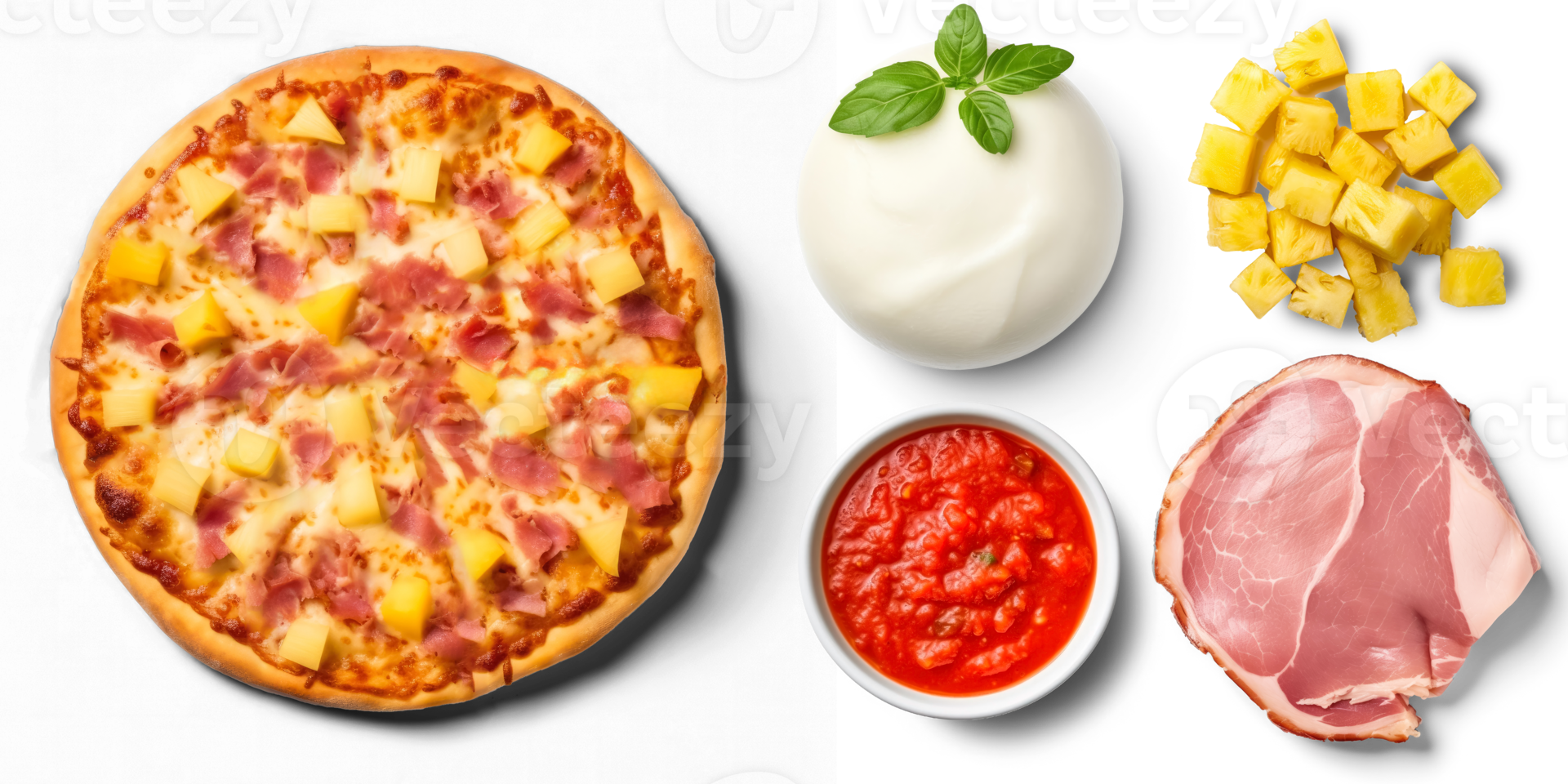 Hawaiian Pizza with ingredients, Tomato sauce, Mozzarella cheese, Ham, Canadian bacon, Pineapple chunks, on transparent background png