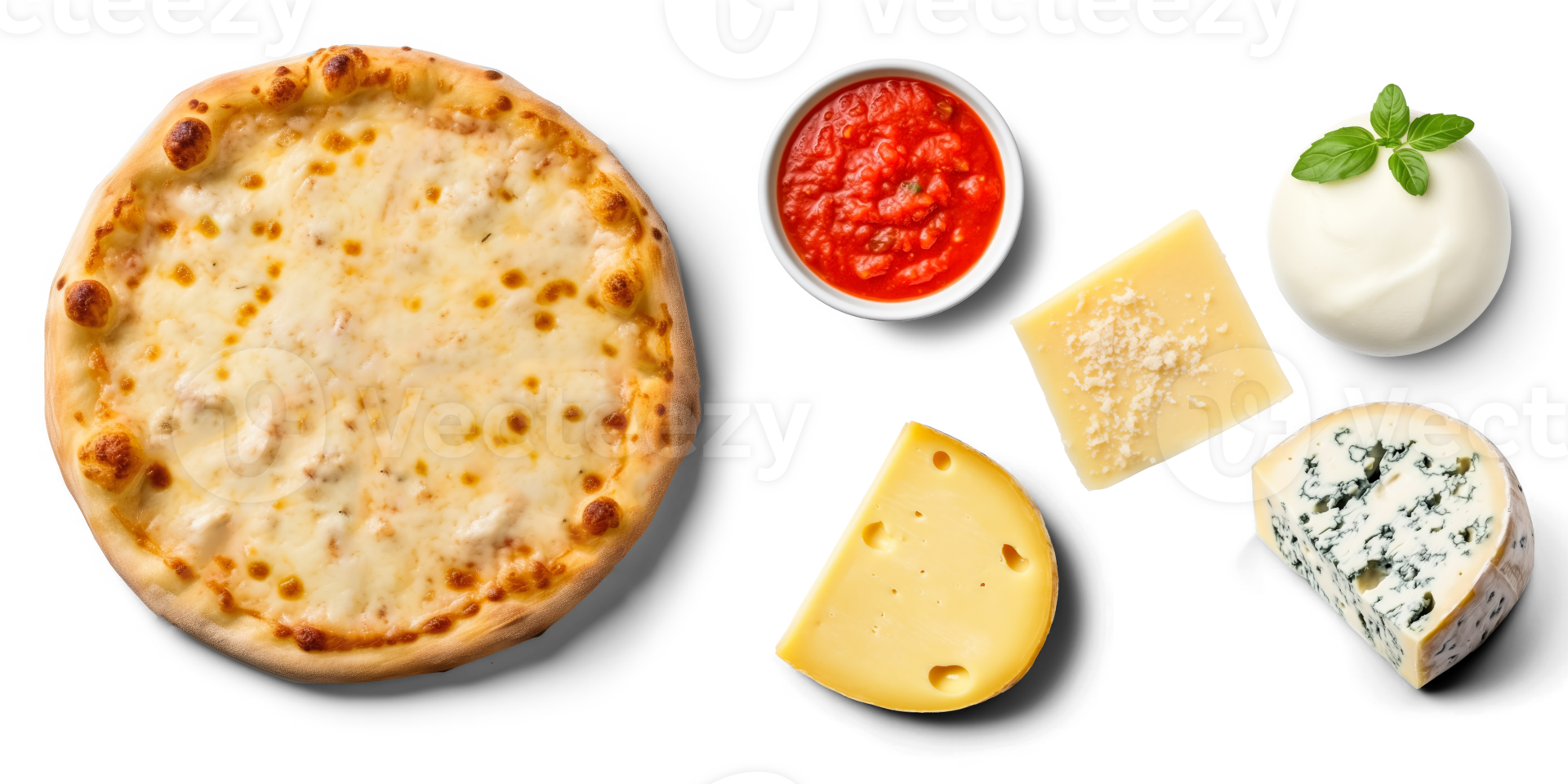 Four cheeses Pizza with ingredients, Tomato sauce, Mozzarella cheese