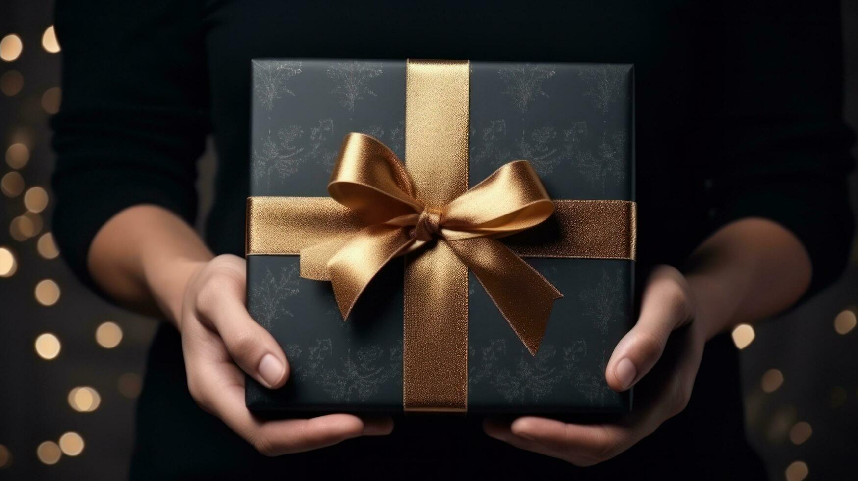 Beautiful girl standing on a black background with a gift in the hands photo