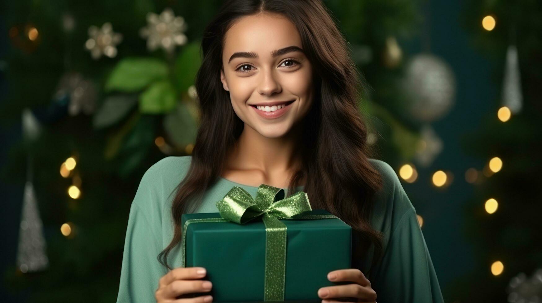 Beautiful girl standing on a green background with a gift in the hands photo