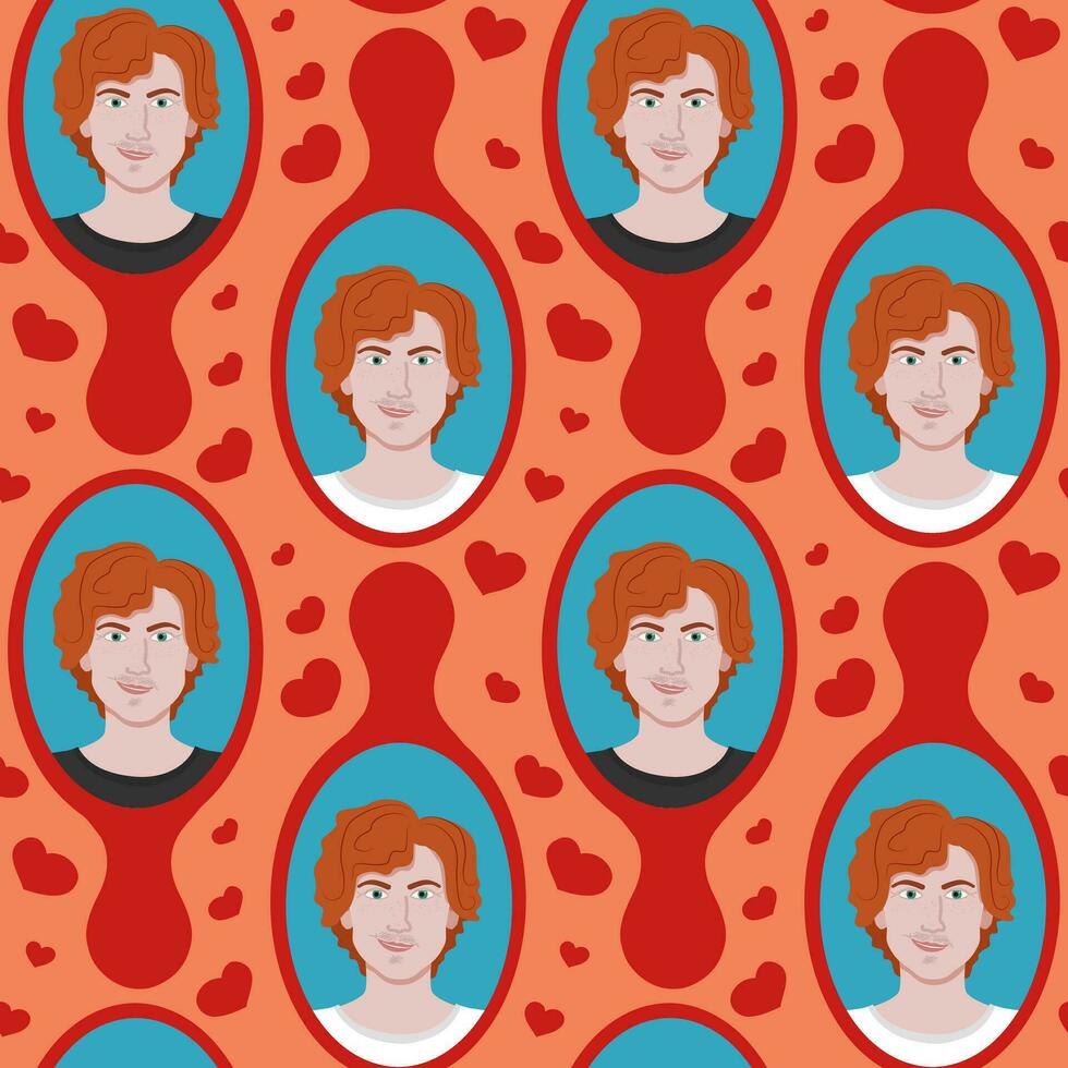 Seamless pattern with heartthrob man in mirror. Red hair and green eyes smiling handsome man with heart. Concept illustration. Ideal for decoration, textile, wrapping, scrapbooking vector