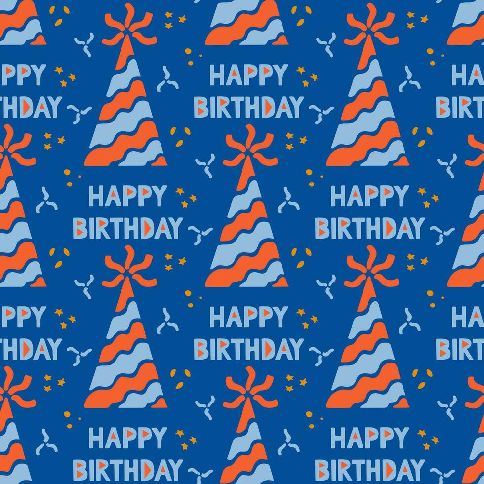 Flat minimalistic birthday cone seamless pattern. Vector celebrating pattern on blue background with confetti , stars and splashes. Ideal for home decoration, textile, wrapping, scrapbooking