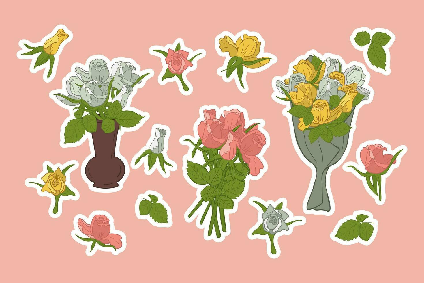 Collection of colorful roses flat vector stickers. Hand drawn isolated flowers and and bunches with white outline. Bunches or bouquets of roses in ceramic vase, in paper. Botanical unique design