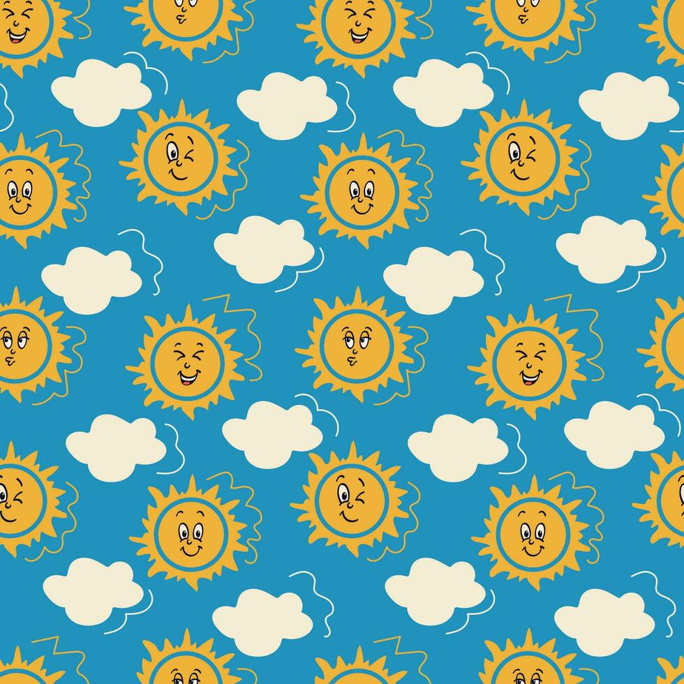 Flat cartoon sunny emoticon with white cloud seamless pattern. Vector childish funny elements on blue background. Perfect for home decoration, kids textile, wrapping, scrapbooking, background