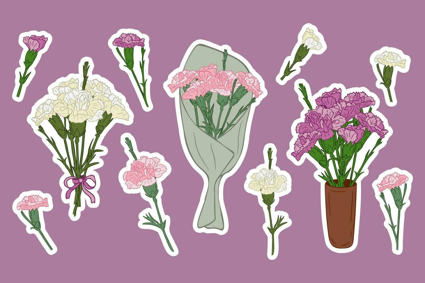 Set of pink and purple carnation flar stickers. Hand drawn isolated flowers and and bunches with white outline. Bunches of carnations in ceramic vase, in paper and with ribbon. Botanical unique design vector