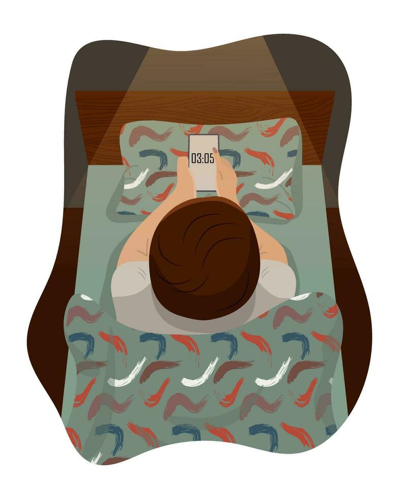 Mental health concept. Mans insomnia at dawn. Man lying in his bed with phone at early morning. Flat vector illustration of sleep disorder