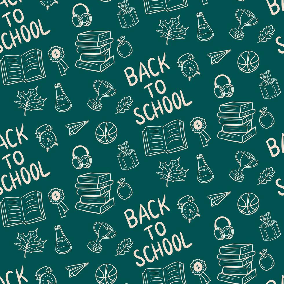 Minimalistic doodle seamless pattern. Back to school elements on green chalkboard. Books, tubes, apple, autumn leaves. Perfect for decoration, textile, wrapping paper, background, greetings vector