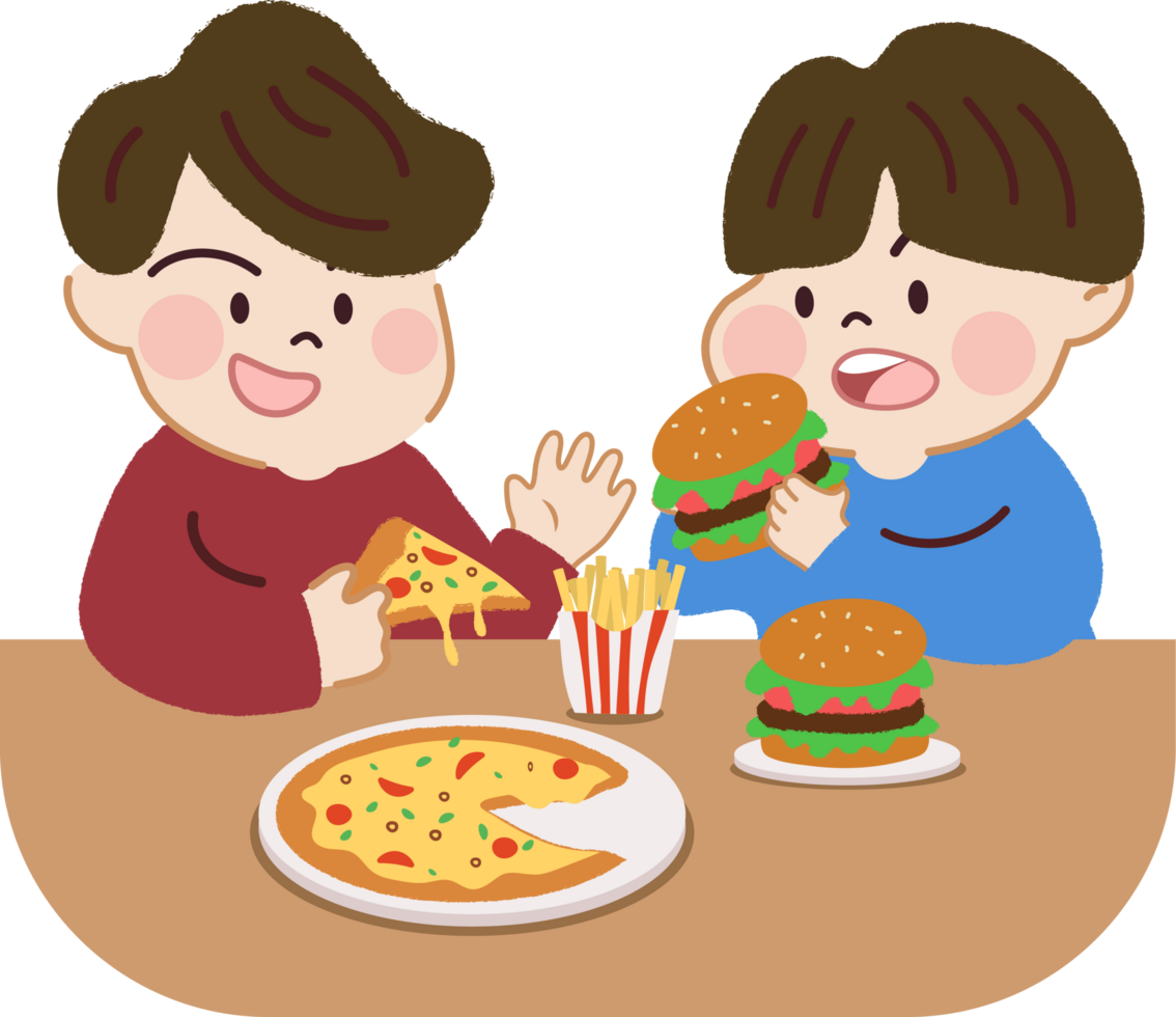 Young Boy Eating Hamburger, Pizza, fries. Fast Food Meal. Unhealthy Food Choices and Junk Food. png