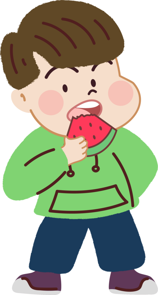 gelukkig weinig jongen aan het eten watermeloen. gezond eetpatroon en voeding voor blij leven. png