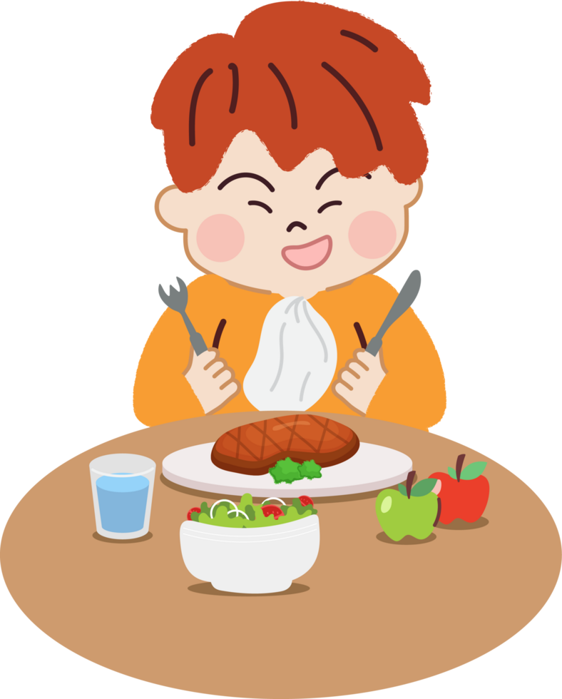 Happy Little Boy Eating Steak. Healthy Diet and Nutrition for Joyful Living. png