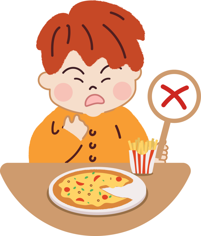 Young Boy with Pizza, Fries and Wrong sign. Fast Food Meal. Unhealthy Food Choices and Junk Food. png