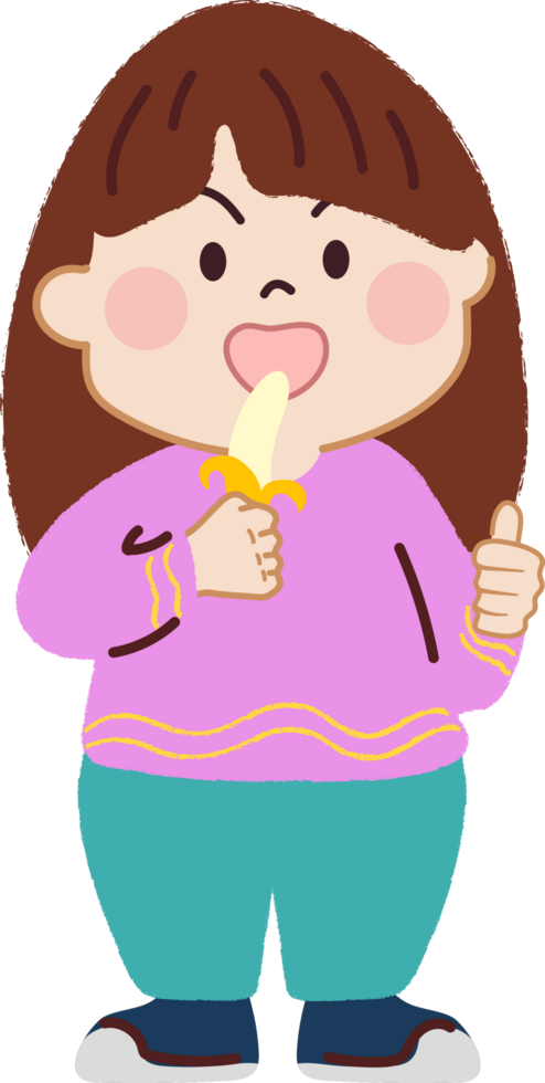 Happy Little Girl Eating Banana. Healthy Diet and Nutrition for Joyful Living. png
