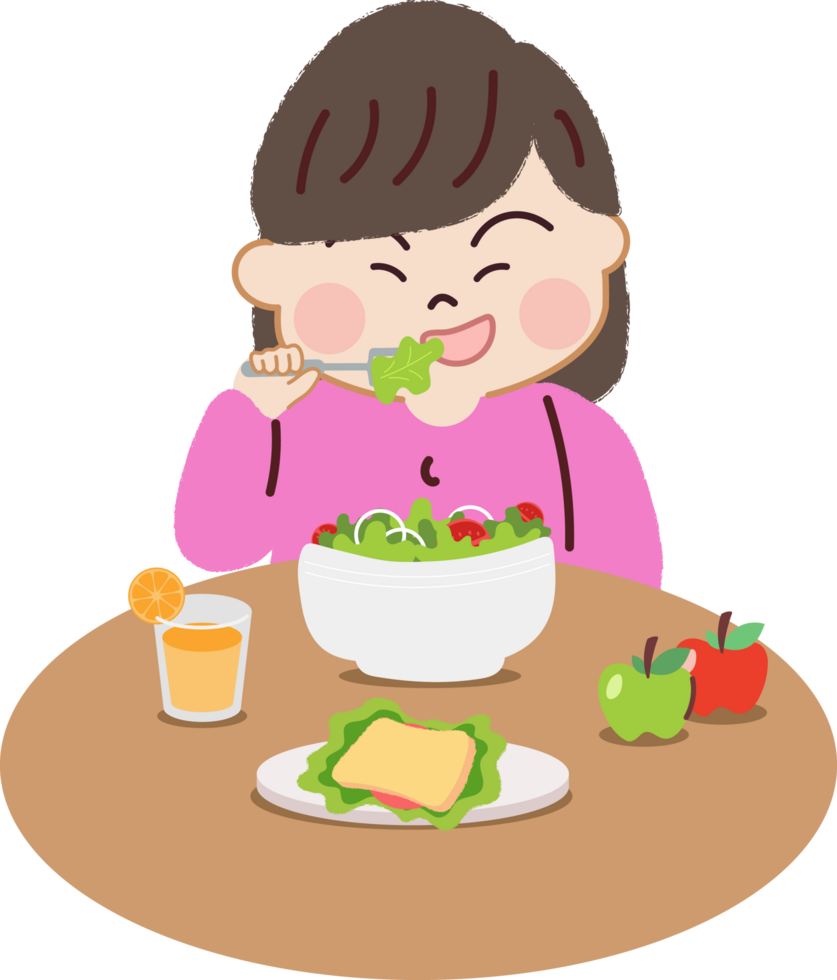 contento pequeño niña comiendo ensaladas sano dieta y nutrición para alegre viviendo. png