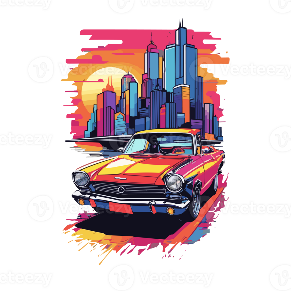 Colorful car artwork illustration t-shirt design, transparent background, Street sketches, book cover, posters, Mug, Tshirt and other uses png