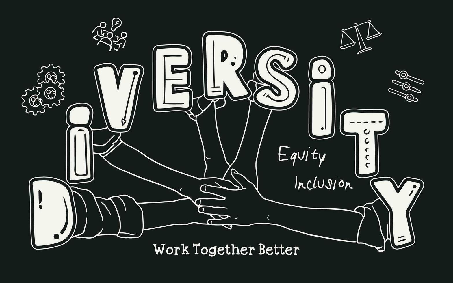 A group of people holding hands in front of a sign that says DIVERSITY. Black and white vector art