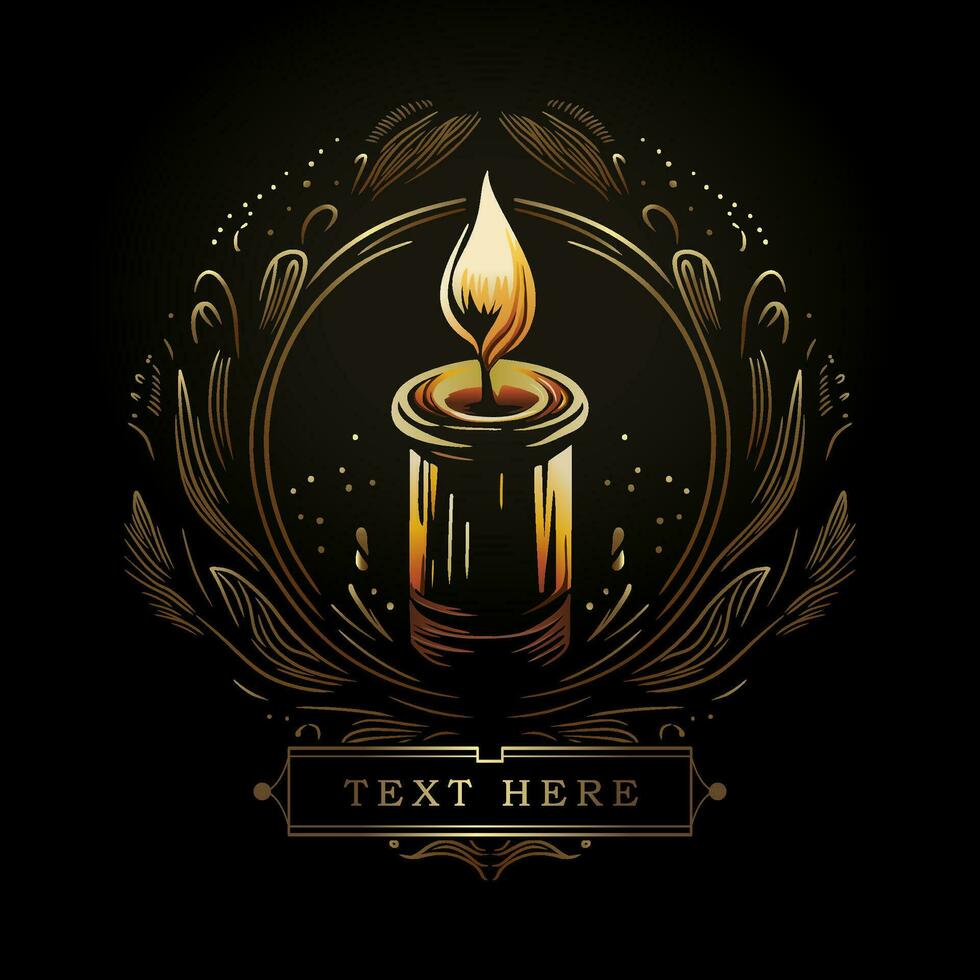 A Candle In the Night. Vector logo illustration of golden candle burns brightly in a wreath of black leaves