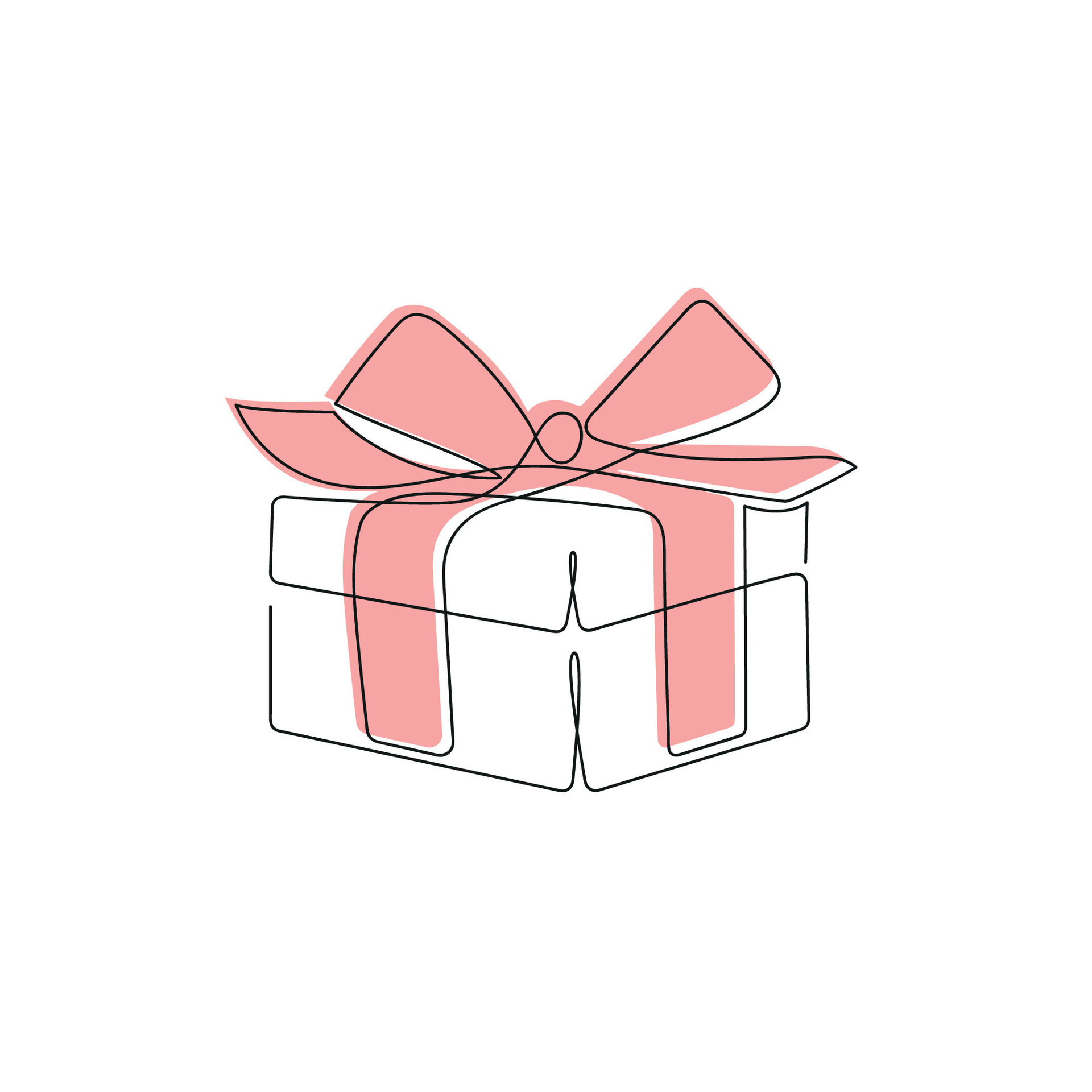 Gift box with red ribbon drawn in one continuous line. One line drawing