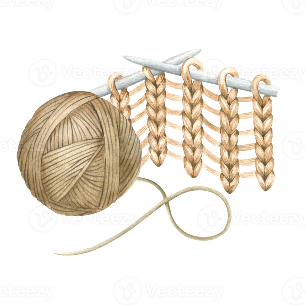 Knitted fabric with knitting needles. Knitting, a ball of yarn. Watercolor illustration, hand-drawn, isolated. For product packaging design, knitter blog,needlework store png