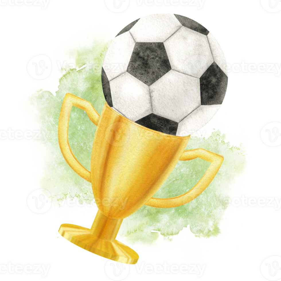 Golden Cup with Soccer ball and green splashes. Football match. Champion golden trophy. Prize cup for winner, first place, victory. Attributes of sports competitions.Watercolor illustration. Isolated. png