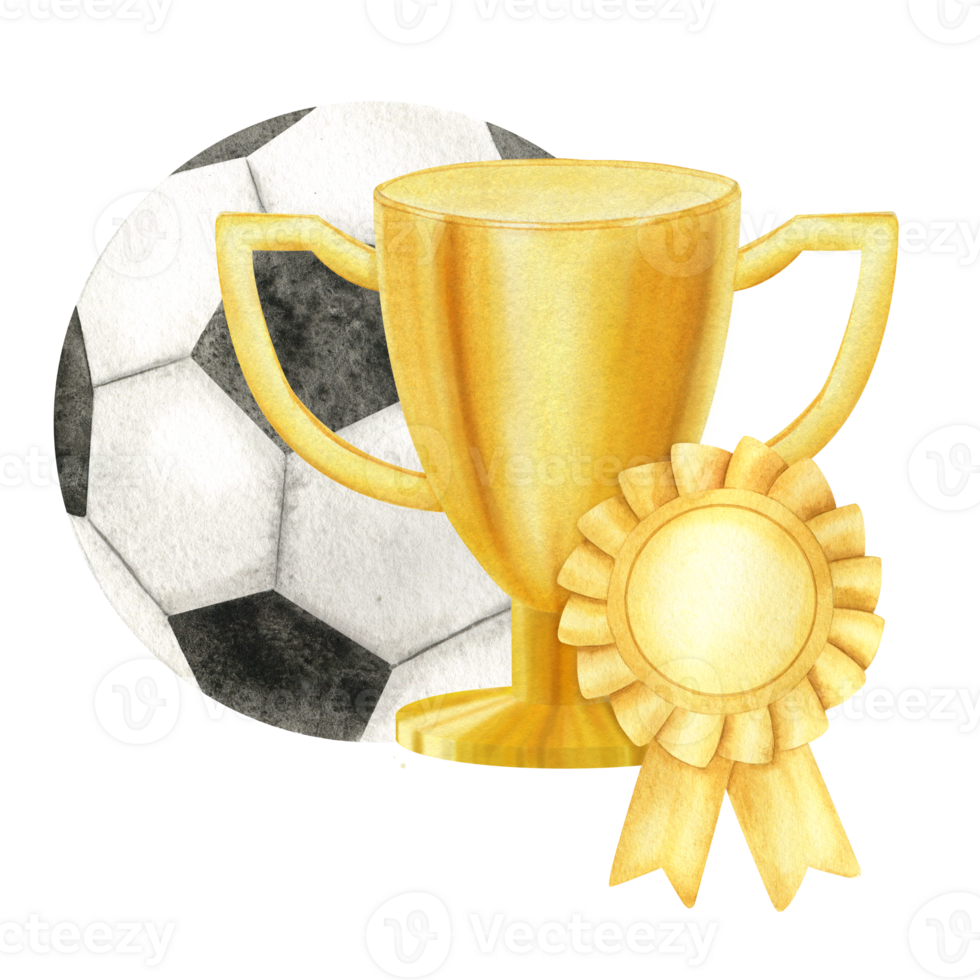 Golden Cup with Soccer ball, medal . Football match. Champion golden trophy. Prize cup for winner, first place, victory. Attributes of sports competitions. Watercolor illustration. Isolated. png