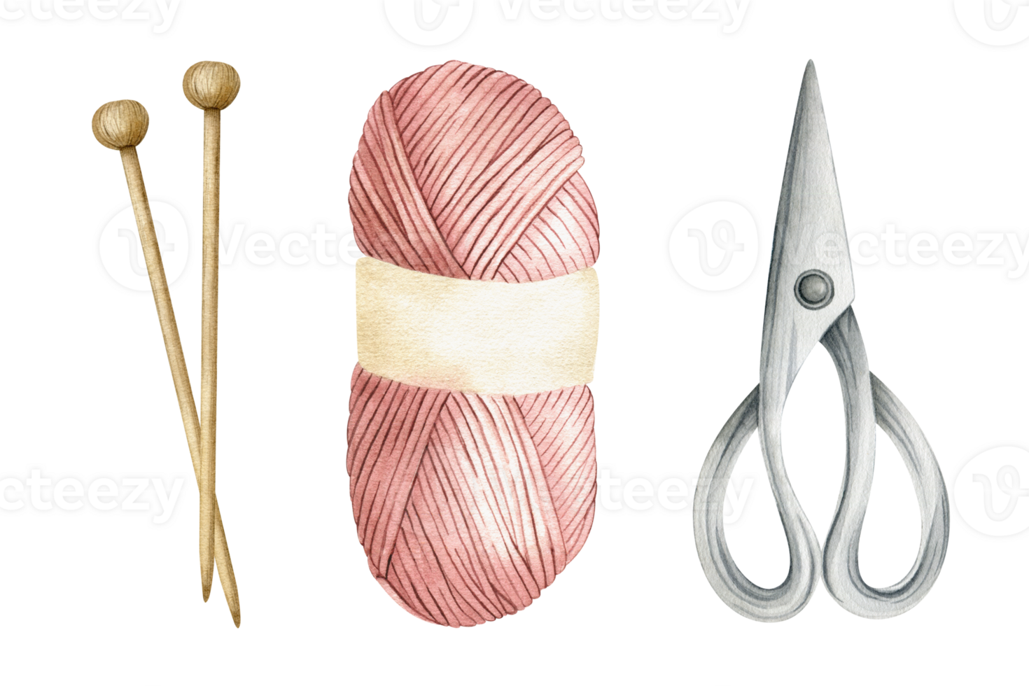 conjunto do fio bola, de madeira tricô agulhas, tesoura. aguarela ilustrações. isolado. para produtos embalagem projeto, tecelão blog, bordado loja png