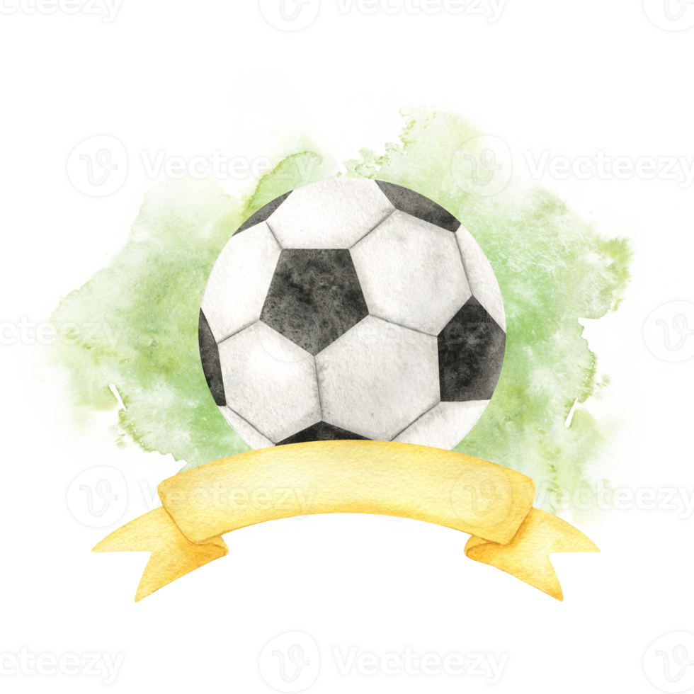 Soccer ball with Banner and green splashes. Football emblem. Attributes of sports competitions. Watercolor illustration. Isolated. For football club, sporting goods stores, poster and postcard design png