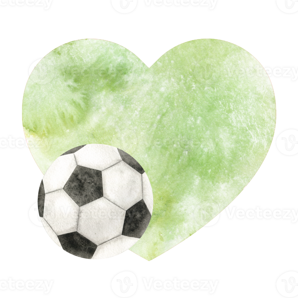 Soccer ball and green watercolor heart. Football emblem. Attributes of sports competitions. Watercolor illustration. Isolated. For football club, sporting goods stores, poster and postcard design png