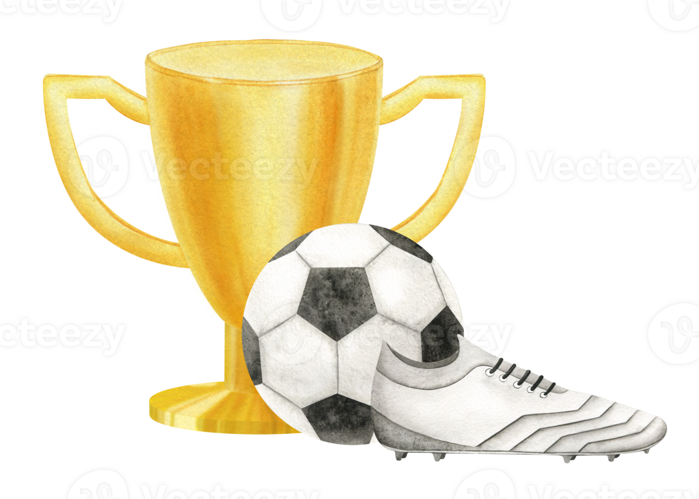 Golden Cup with Soccer ball and Football boots. Football match. Champion golden trophy. Prize cup for winner, first place, victory. Attributes of sports competitions.Watercolor illustration. Isolated. png