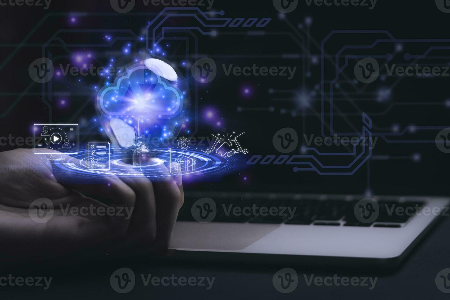 Businessman holding a light bulb,Global Internet connection. Business global internet connection application technology and digital marketing, Financial and banking, Digital link tech, big data. photo