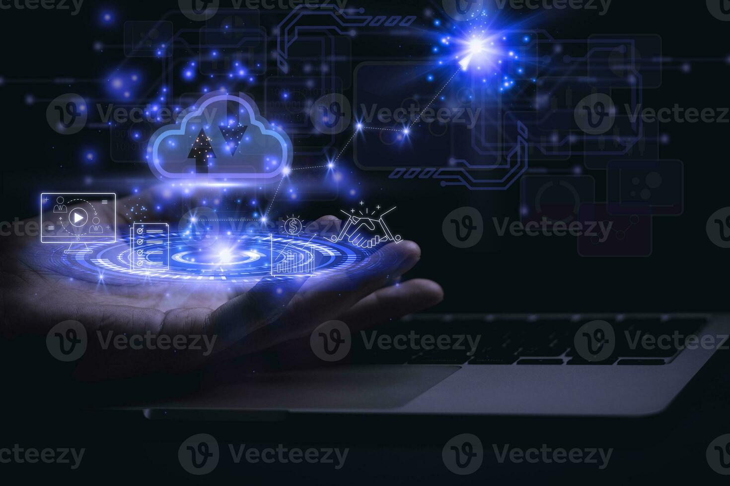 Businessman holding a light bulb,Global Internet connection. Business global internet connection application technology and digital marketing, Financial and banking, Digital link tech, big data. photo