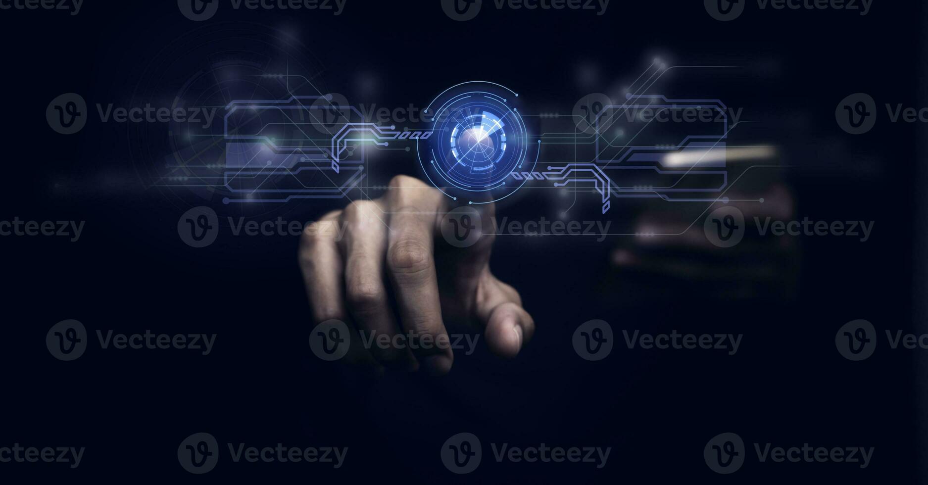 Businessman touches the circuit, futuristic technology digital background. Marketing online business or security system cyber world cutting edge innovation. photo