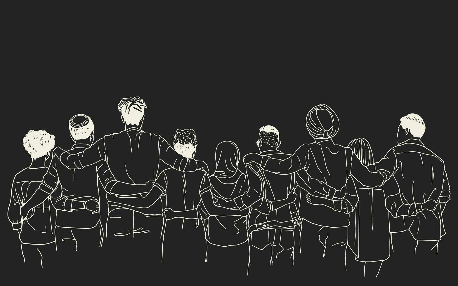 Group of people hugging each other. Black and white vector line art illustration