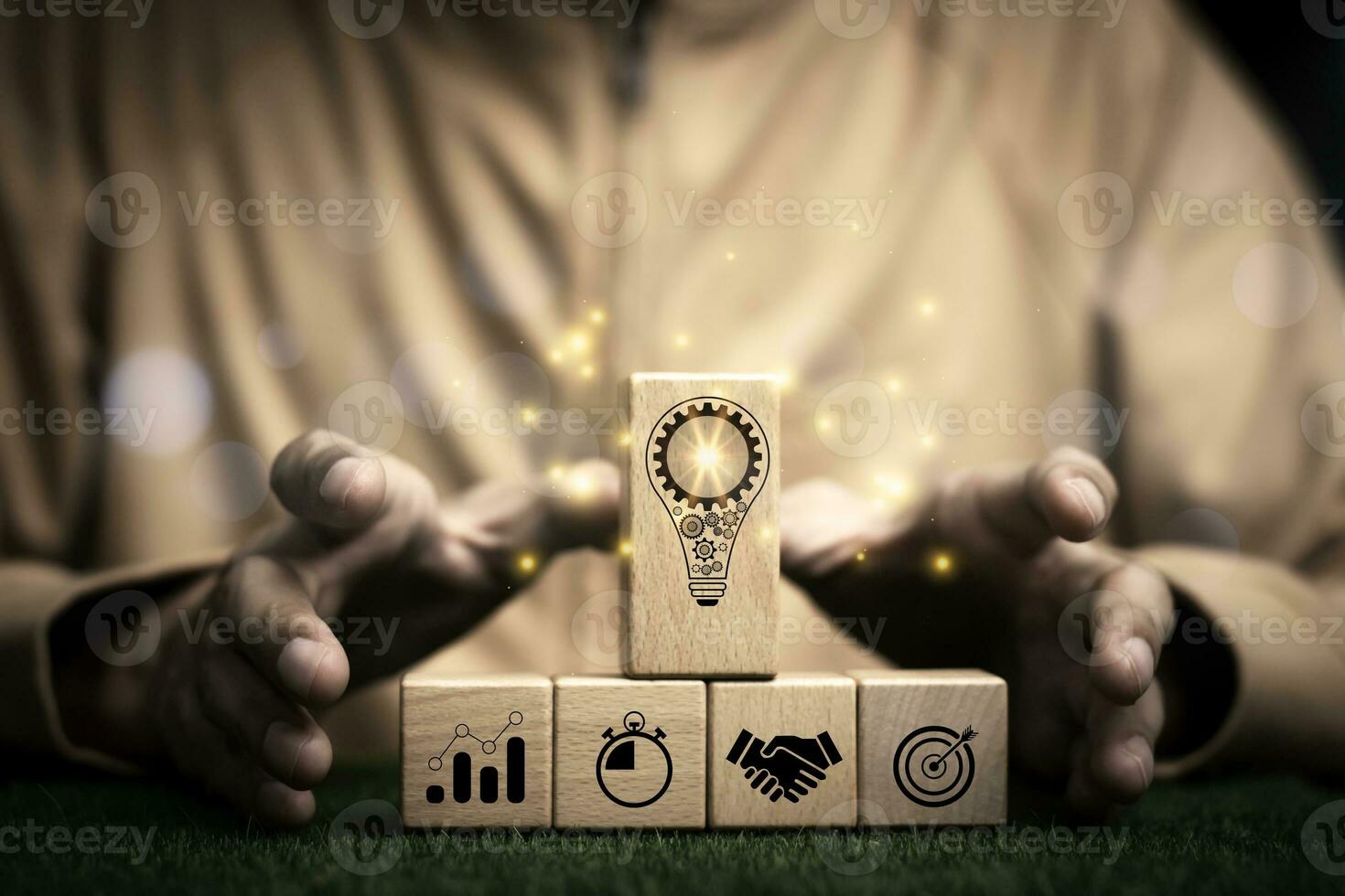 Businessman holding woods block cube with icon success of busines. purpose of doing business overcoming challenges Walking towards goals and winning. Sustainable business finance action plan photo