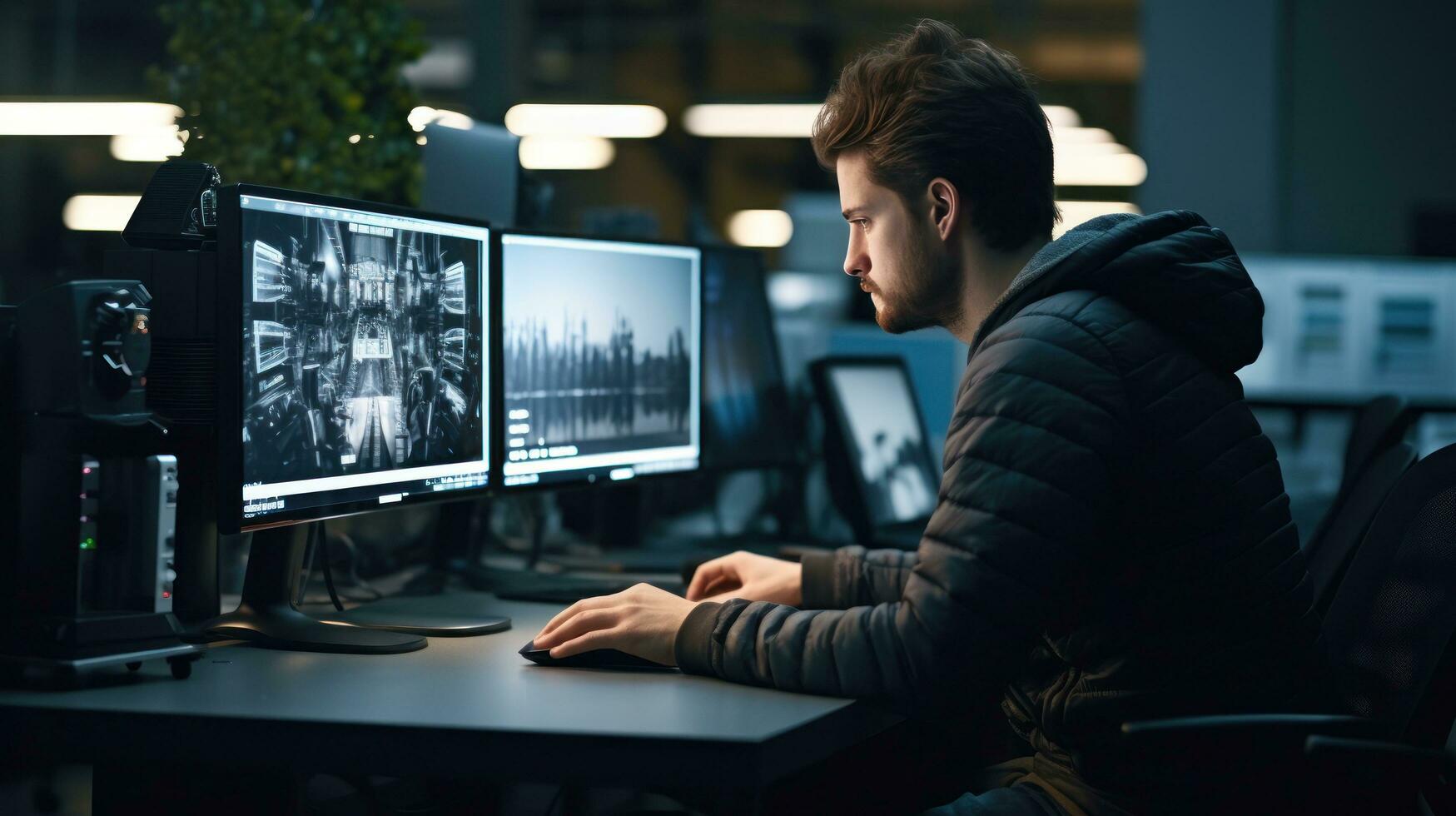 Programmer looking at monitor with smart eyes photo