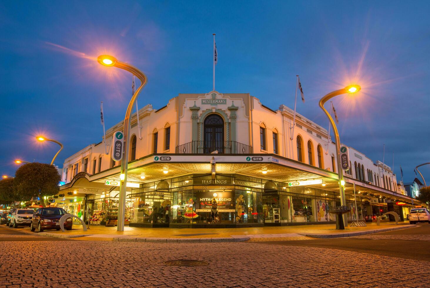 Hastings, New Zealand - May 26 2017 - The Westerman's building the iconic Spanish Mission building in the downtown of Hastings, Hawke's bay region, North Island, New Zealand at night. photo
