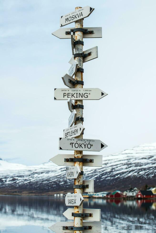 The country location sign at the shore of Eskifjordur town in East region of Iceland. photo