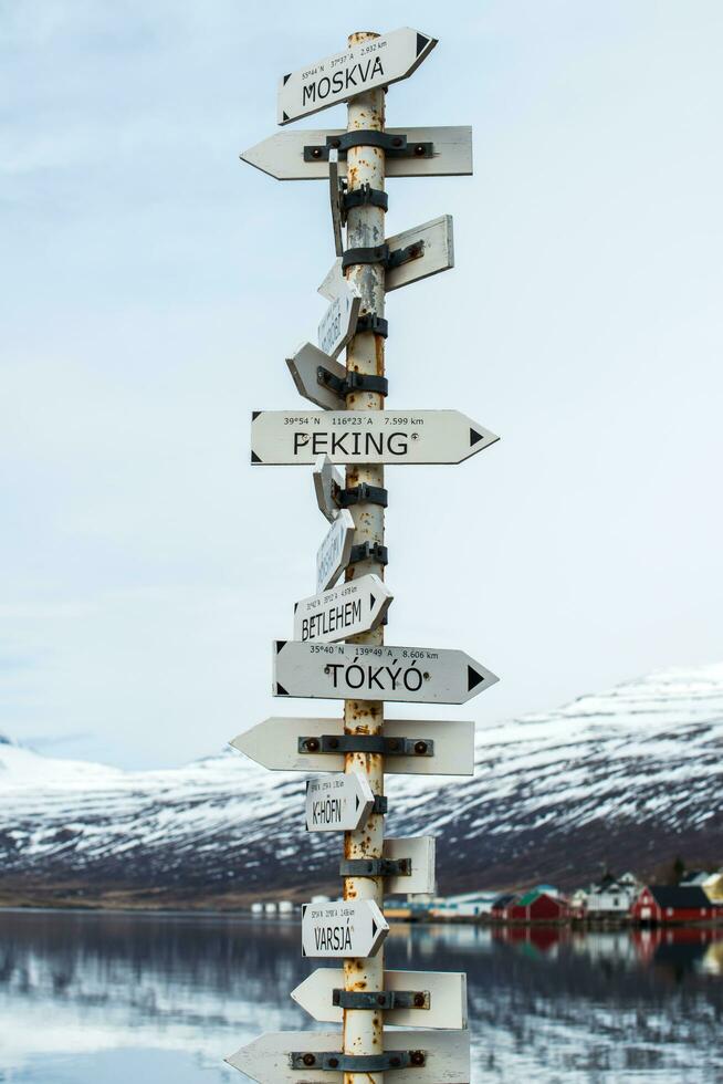 The country location sign at the shore of Eskifjordur town in East region of Iceland. photo