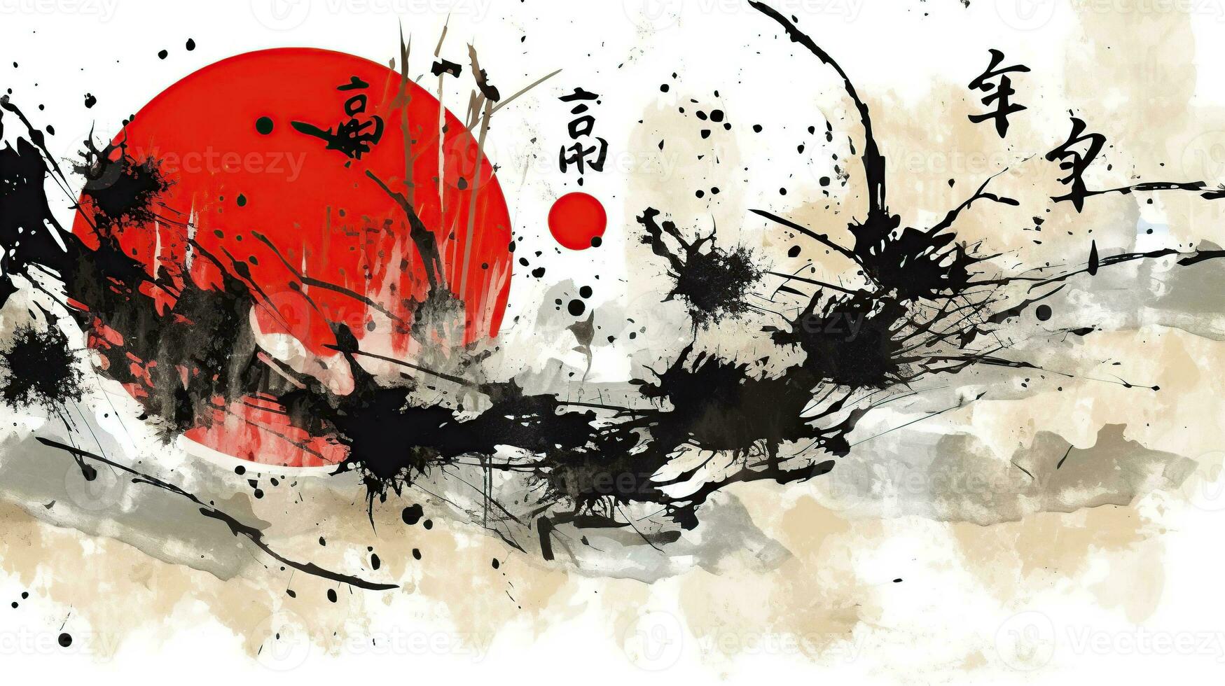 Ink landscape with traditional sumi-e style. Generative AI photo