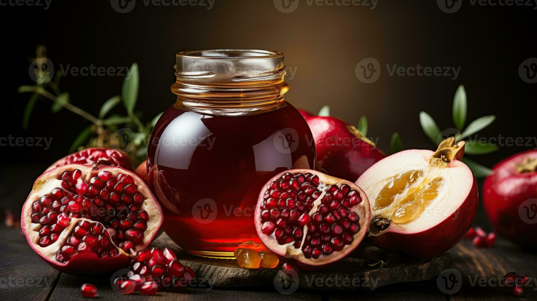 Apple and honey, traditional food of jewish New Year, Rosh Hashana. Generative AI photo
