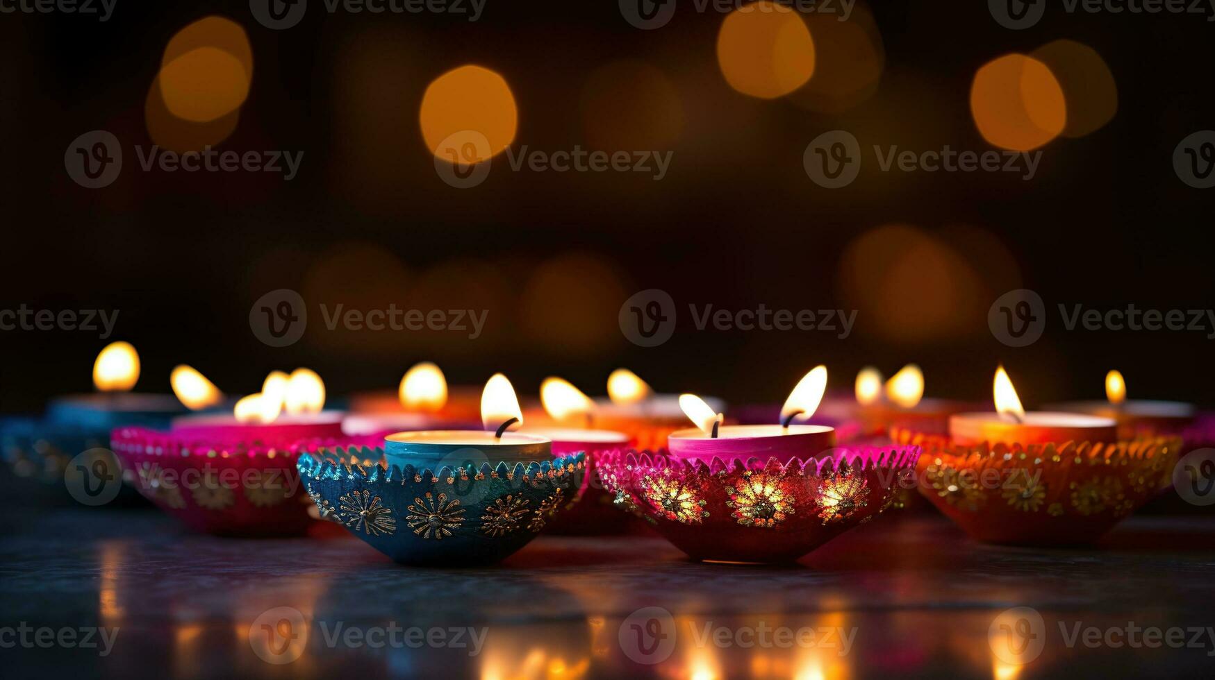 diwali day festival diwali lanterns background with candles and blurred lights. Generative AI photo