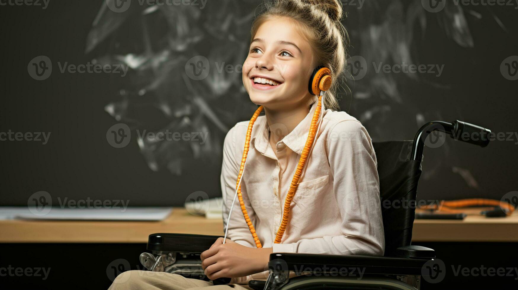 joven estudiante en silla de ruedas a aula. generativo ai foto