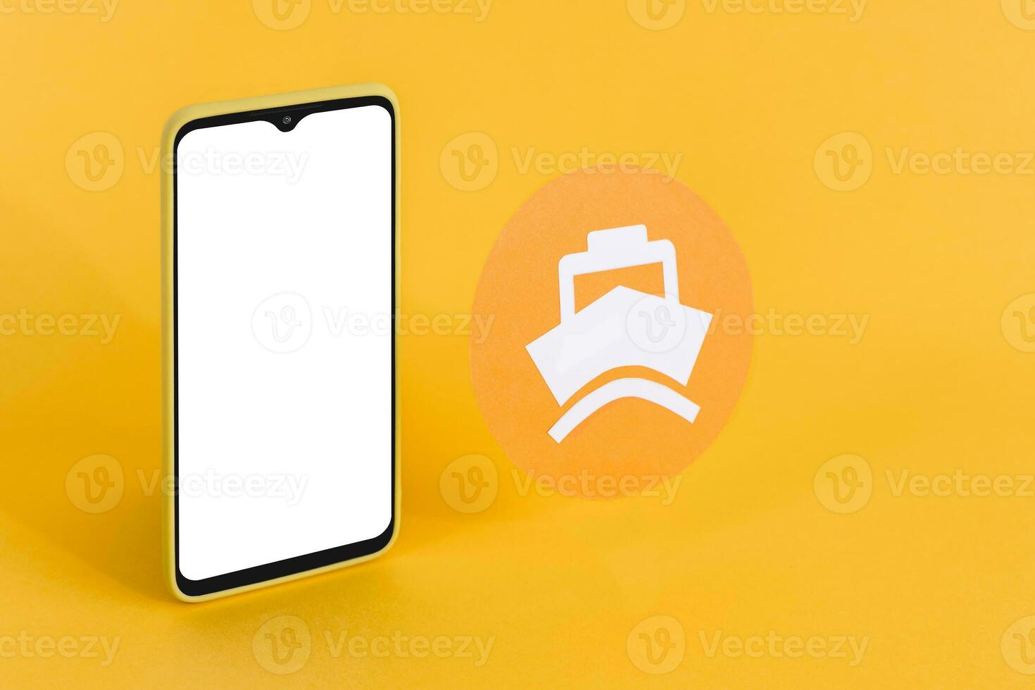 Smart phone with blank white screen and a ship icon on pastel background. Transport and shipping concept. photo