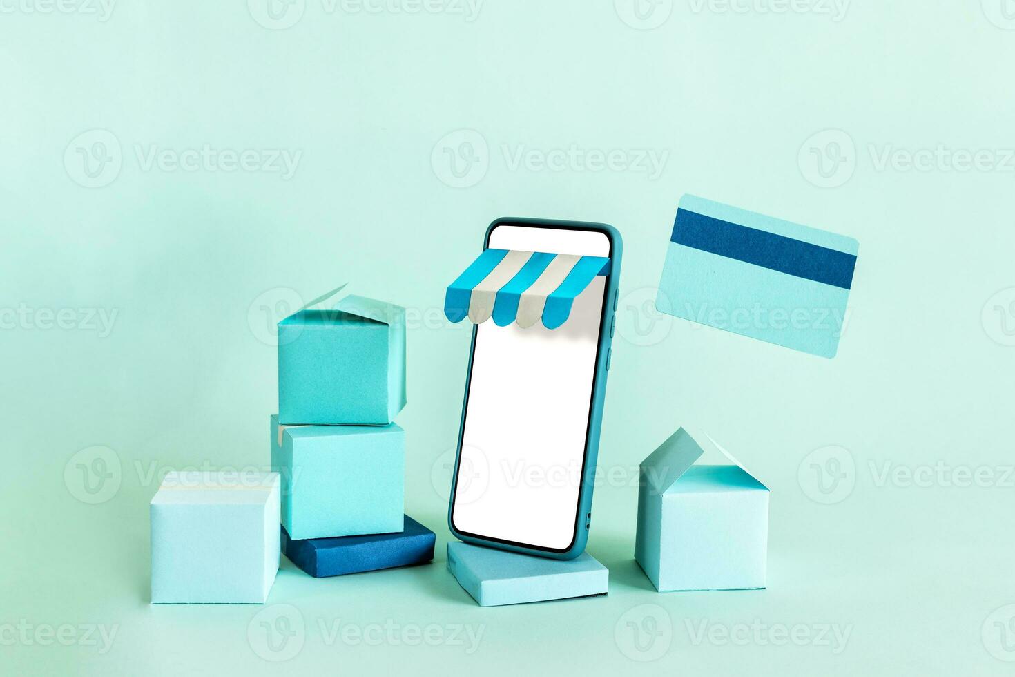Online shopping. Smart phone turned into internet shop. Concept of mobile marketing and e-commerce. photo