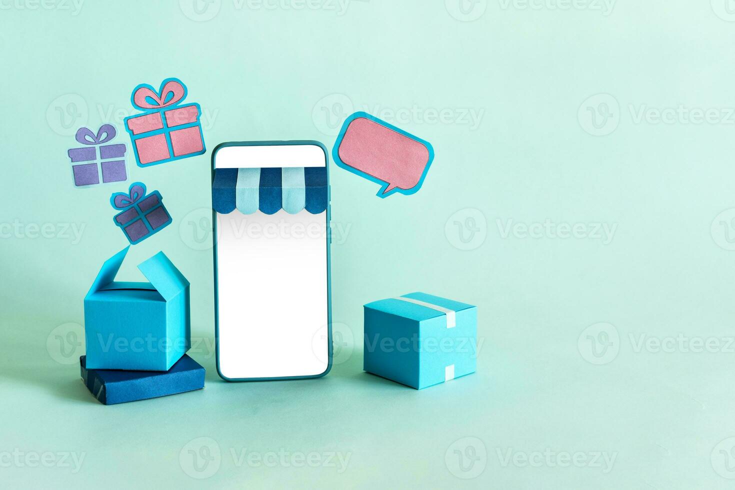 Modern smart mobile phone with on line shopping store photo