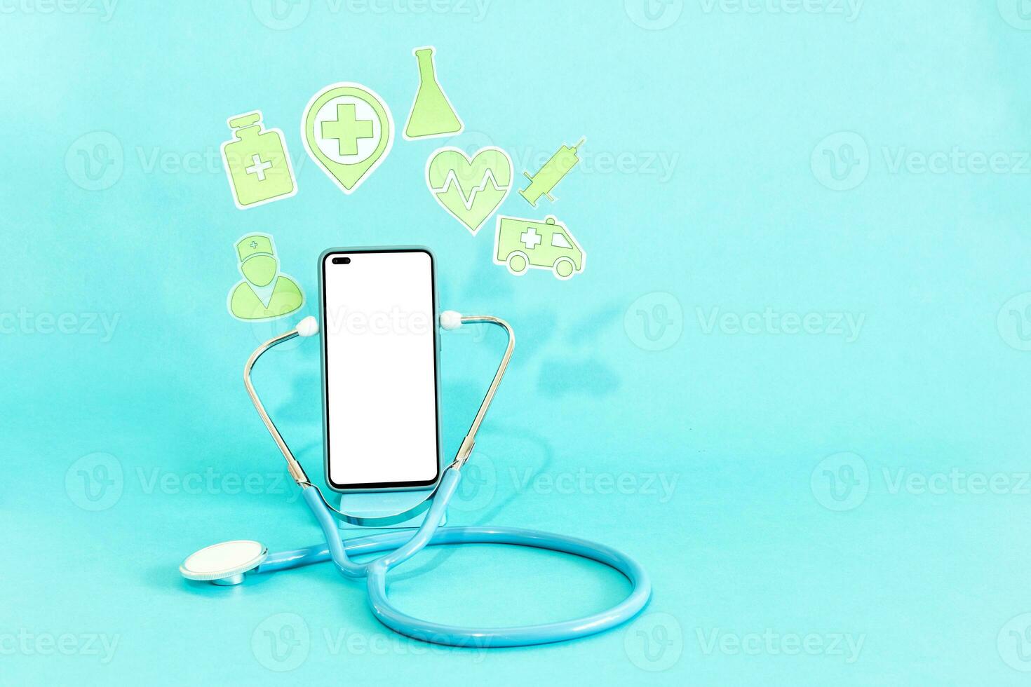 Doctor through the smart phone screen, Doctor online, Online medical communication with patient and analysis health on virtual interface. photo