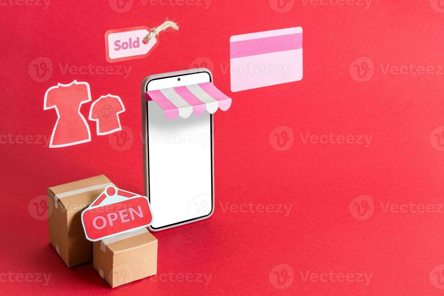 smart phone, credit card and boxes. online store and e-commerce concept. photo