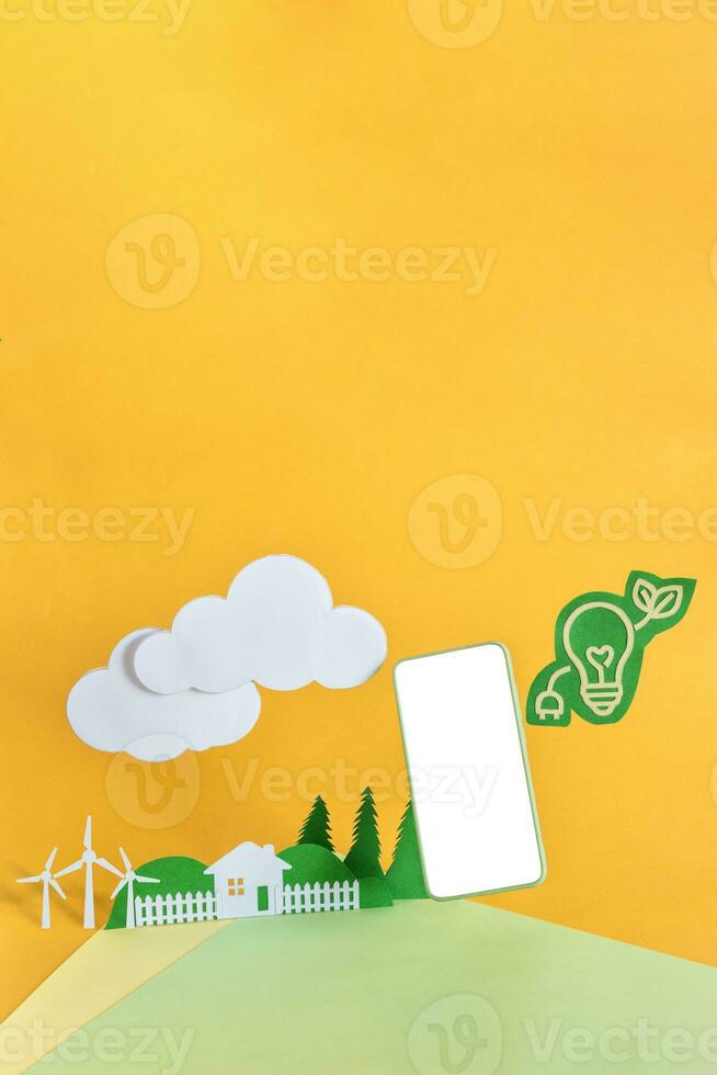 Clean energy in nature concept. Wind turbine, renewable energy. photo