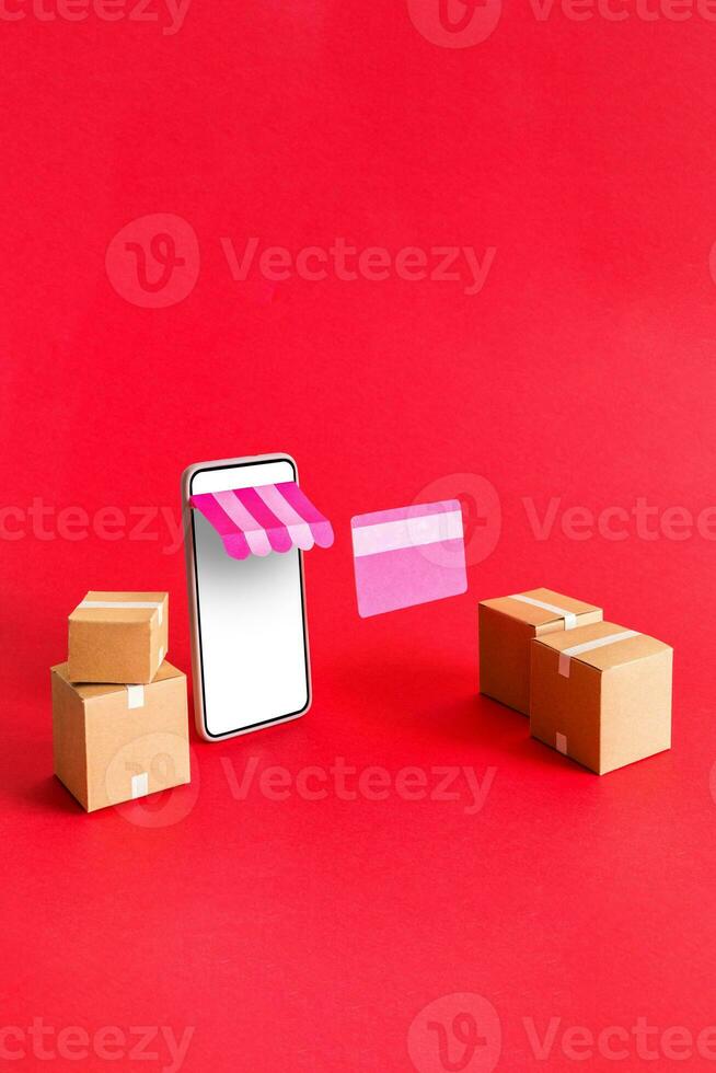 Isometric supermarket smart phone with box and credit card. photo