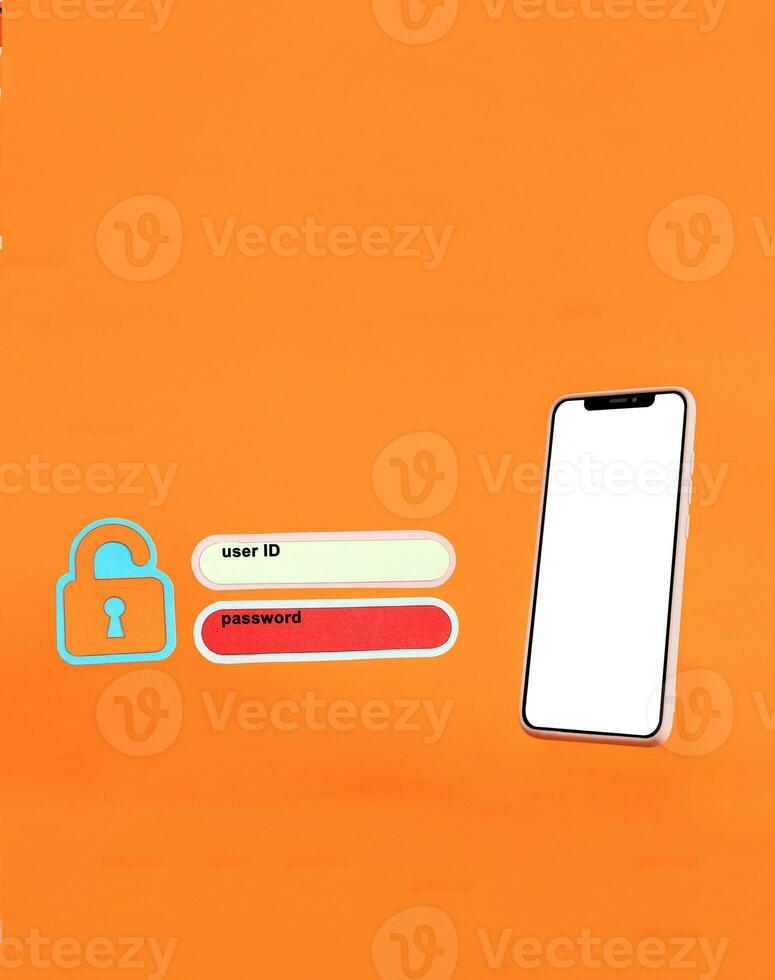 User name and password for logging in on the mobile phone screen, cyber security concept. Data protection and secure internet access, cyber security on smart phones. photo