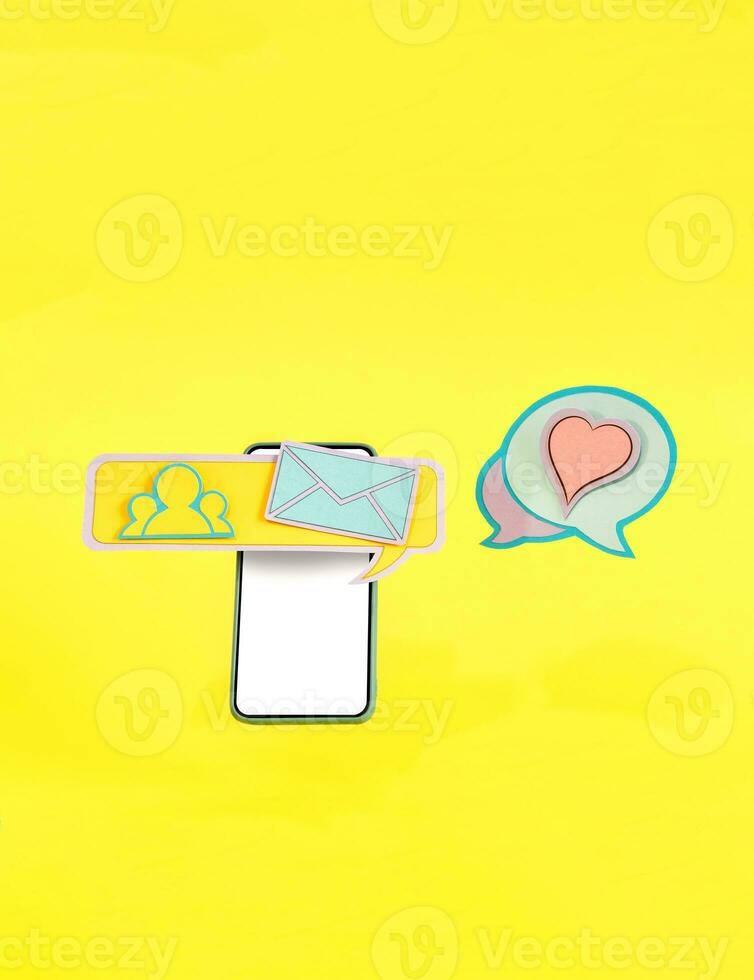 Smart phone with floating chat bubbles, trendy social media chat app. photo